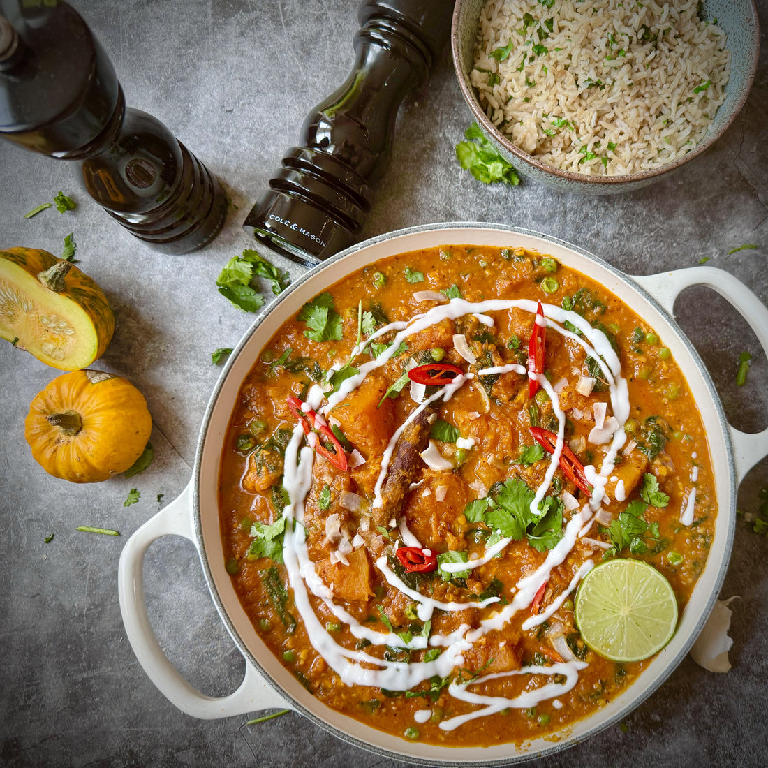 Pumpkin, Pea and Spinach Curry