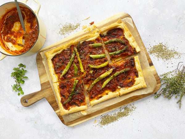 Vegan Asparagus Tart with a Slow-Cooked Tomato & Olive Sauce