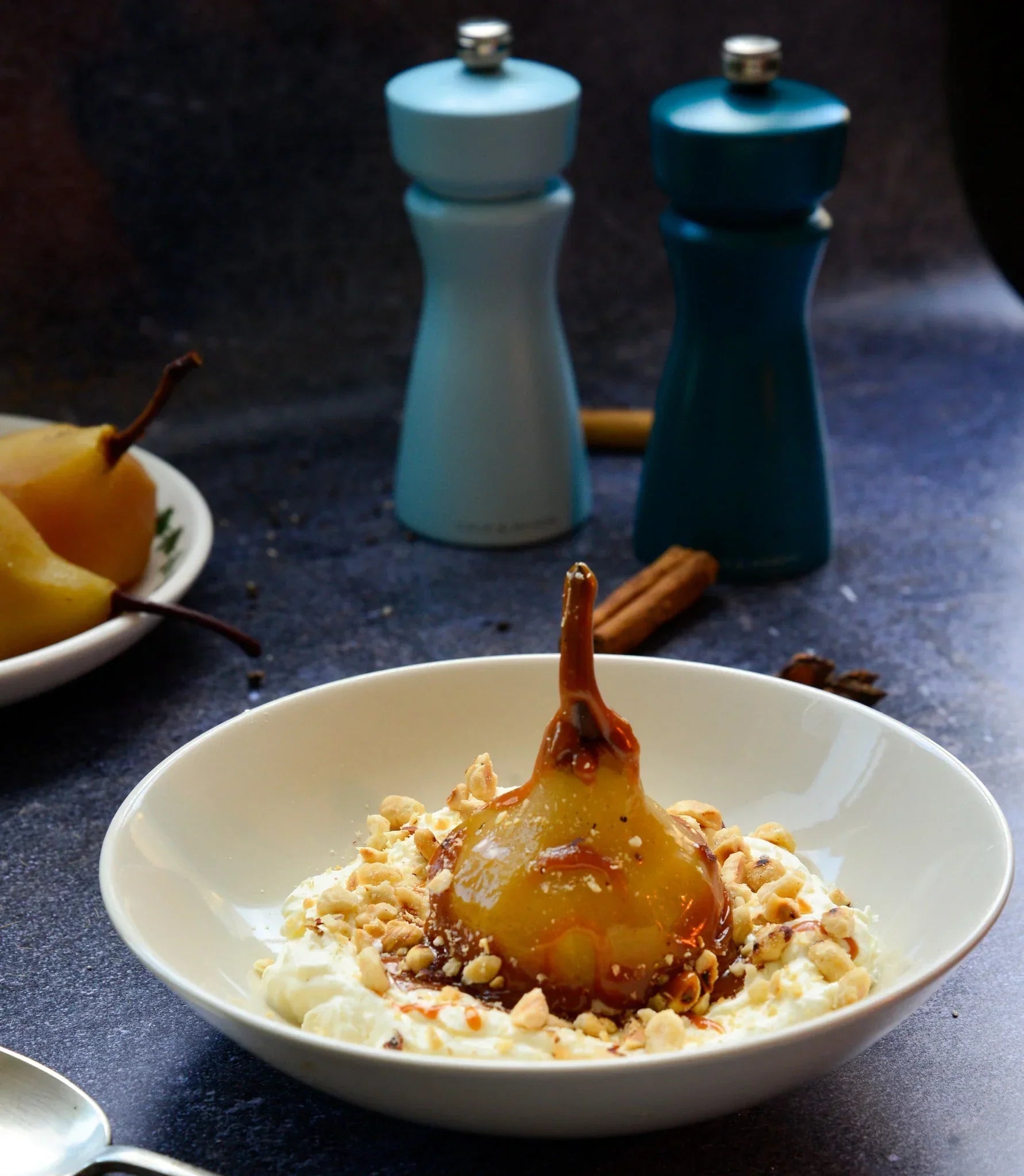 Poached Pears with Cream and Salted Caramel