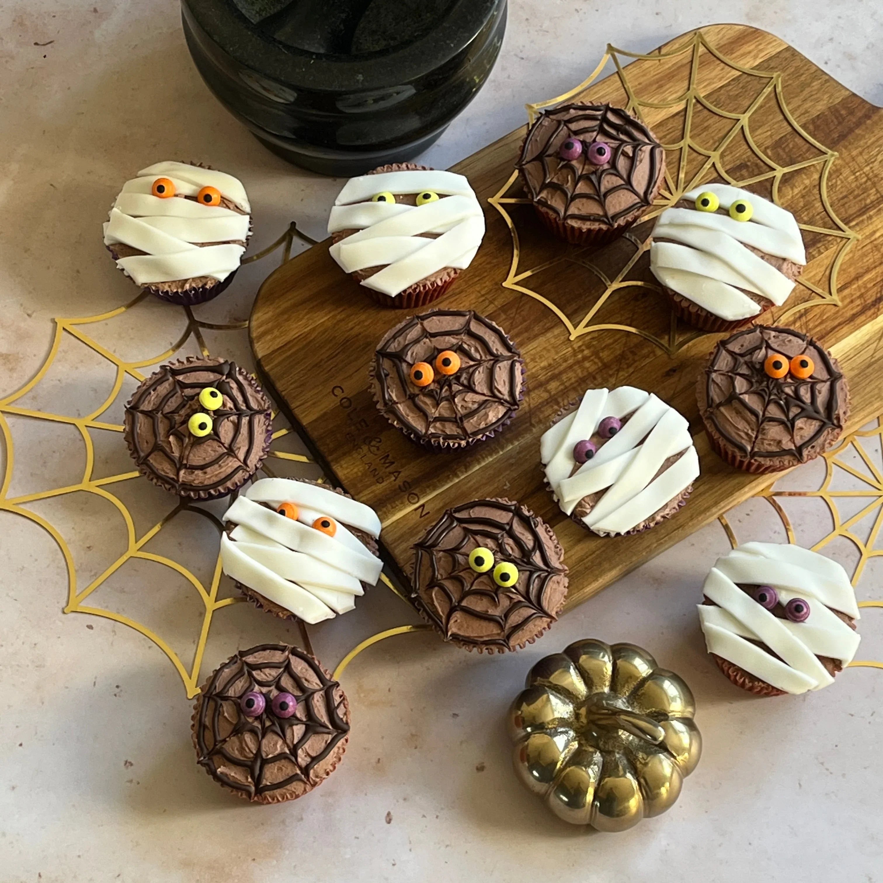 Halloween Mummy and Spider’s Web Cupcakes