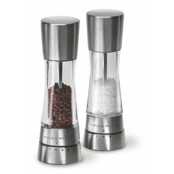 Beautiful Stainless Steel Salt & Pepper Grinders Refillable Set - Two 5 oz Salt / Spice Shakers with Adjustable Coarse Mills - Easy Clean Ceramic
