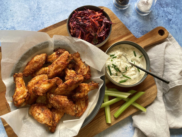 Air Fryer Crispy Chicken Wings with Slaw and Ranch Dip