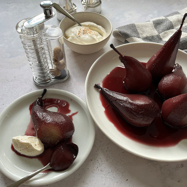 Poached Pears with Nutmeg Spiced Chantilly Cream