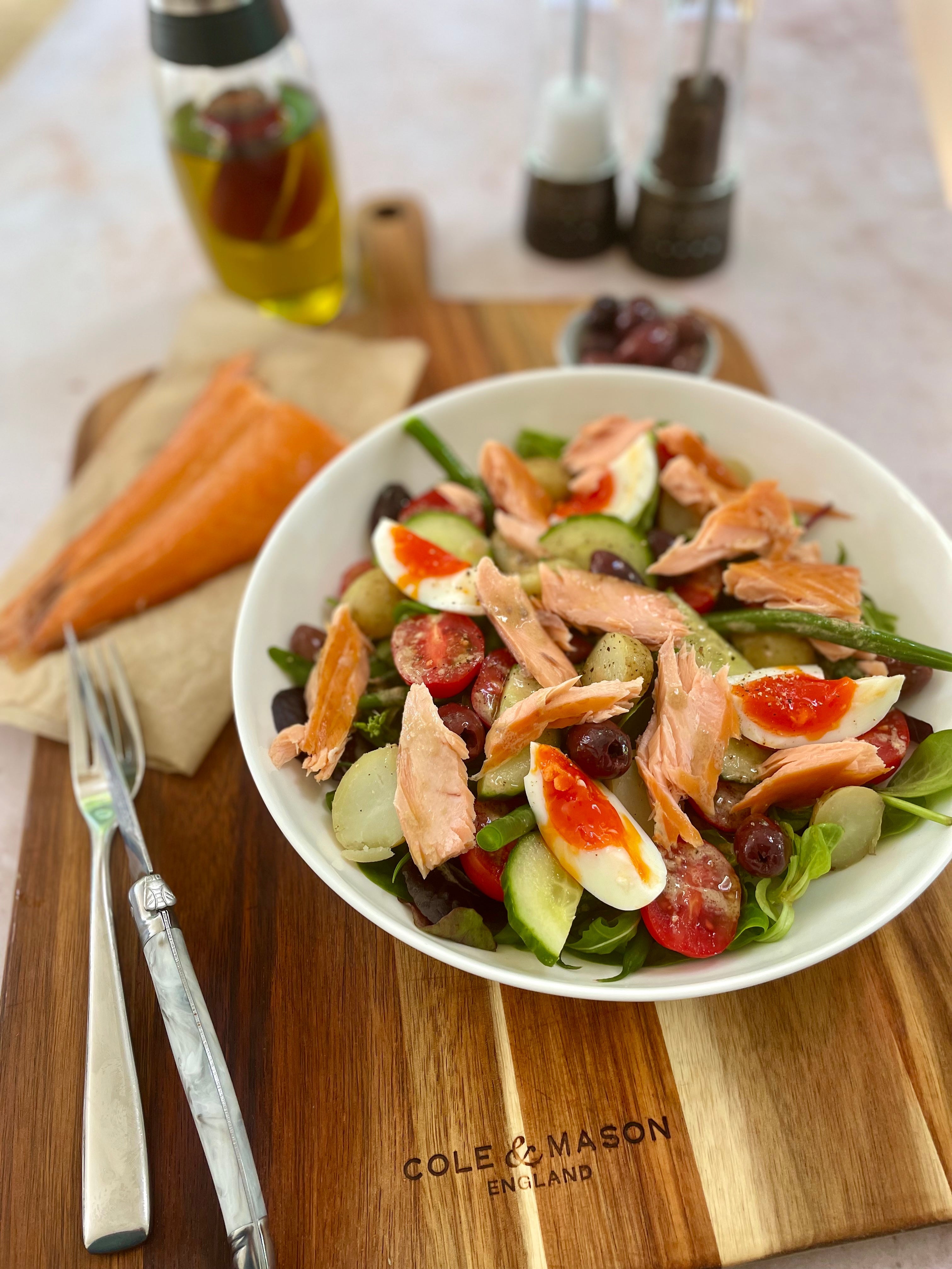 Hot smoked salmon Nicoise salad