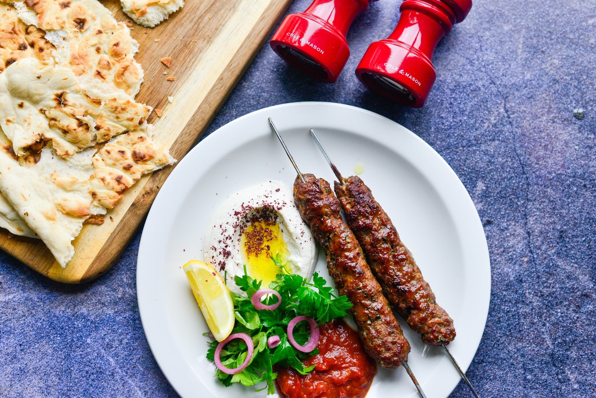 Lamb Kebabs With Sesame Yogurt And Spicy Tomato Relish