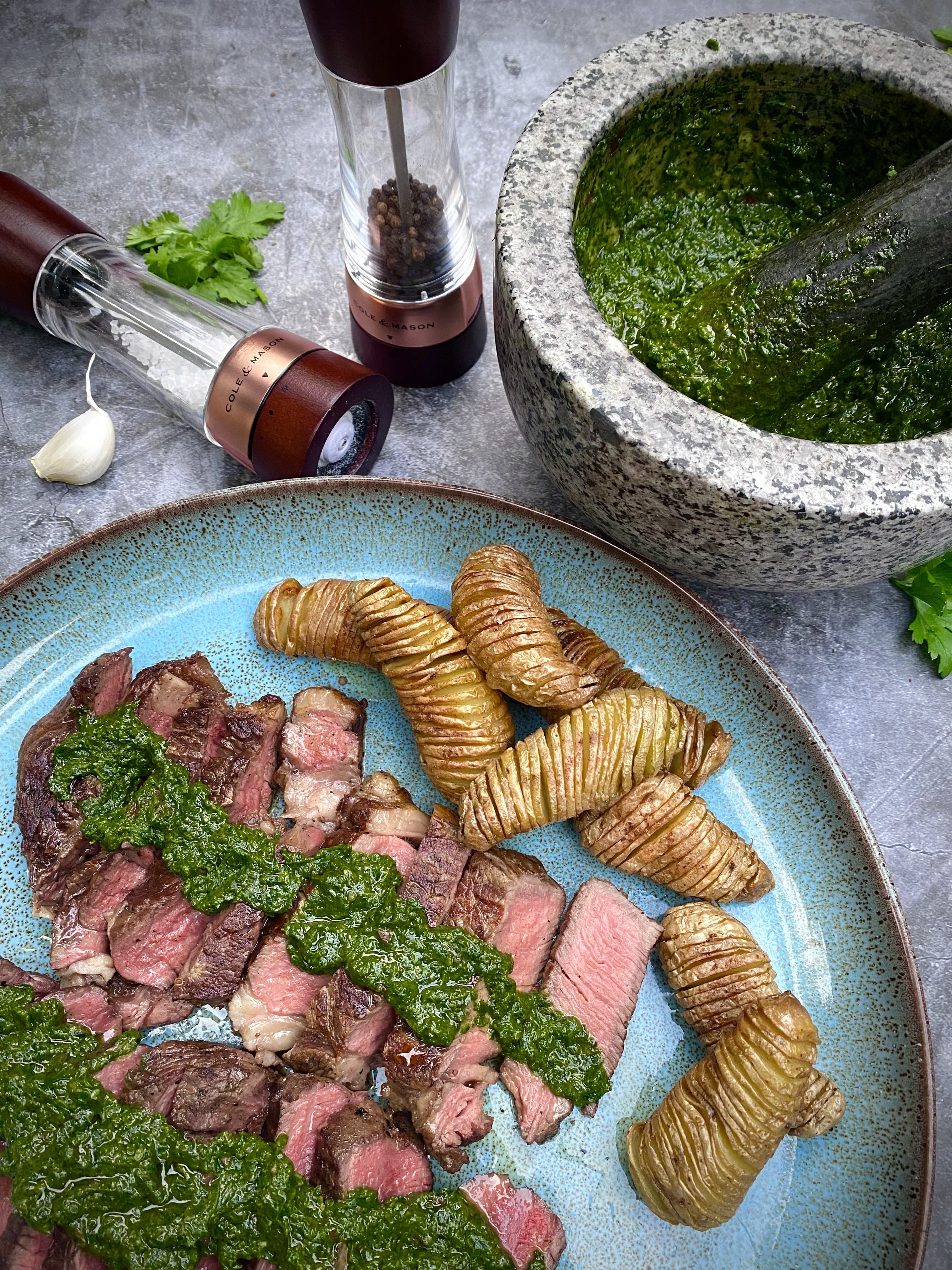 Father's Day Barbecue Chimichurri Steak with Hasselback Potatoes