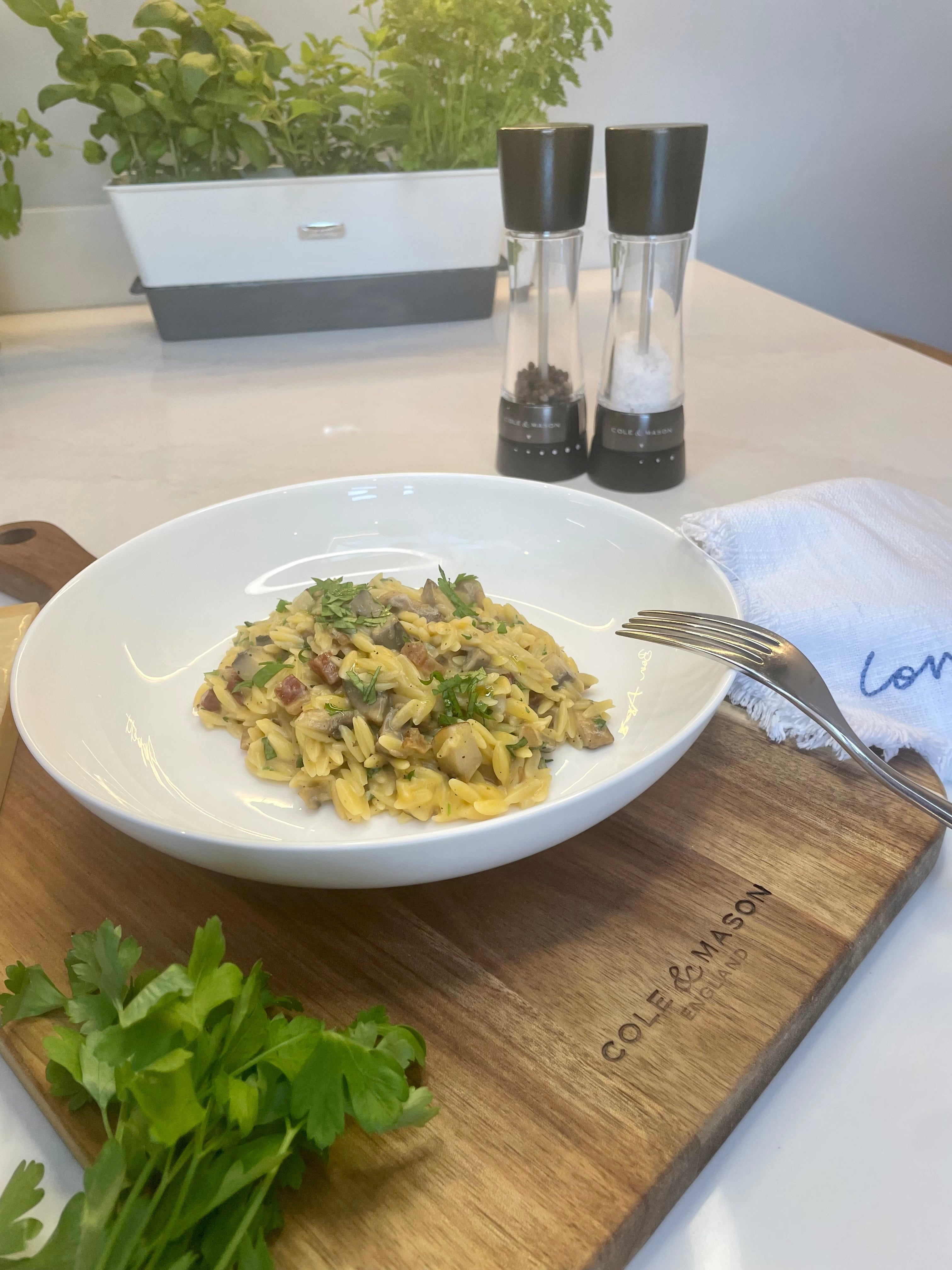 Orzotto Carbonara With Pancetta & Mushrooms