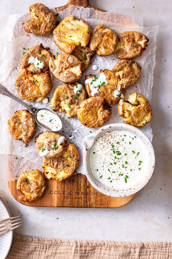 Easy Smashed Potatoes with Sour Cream Dip