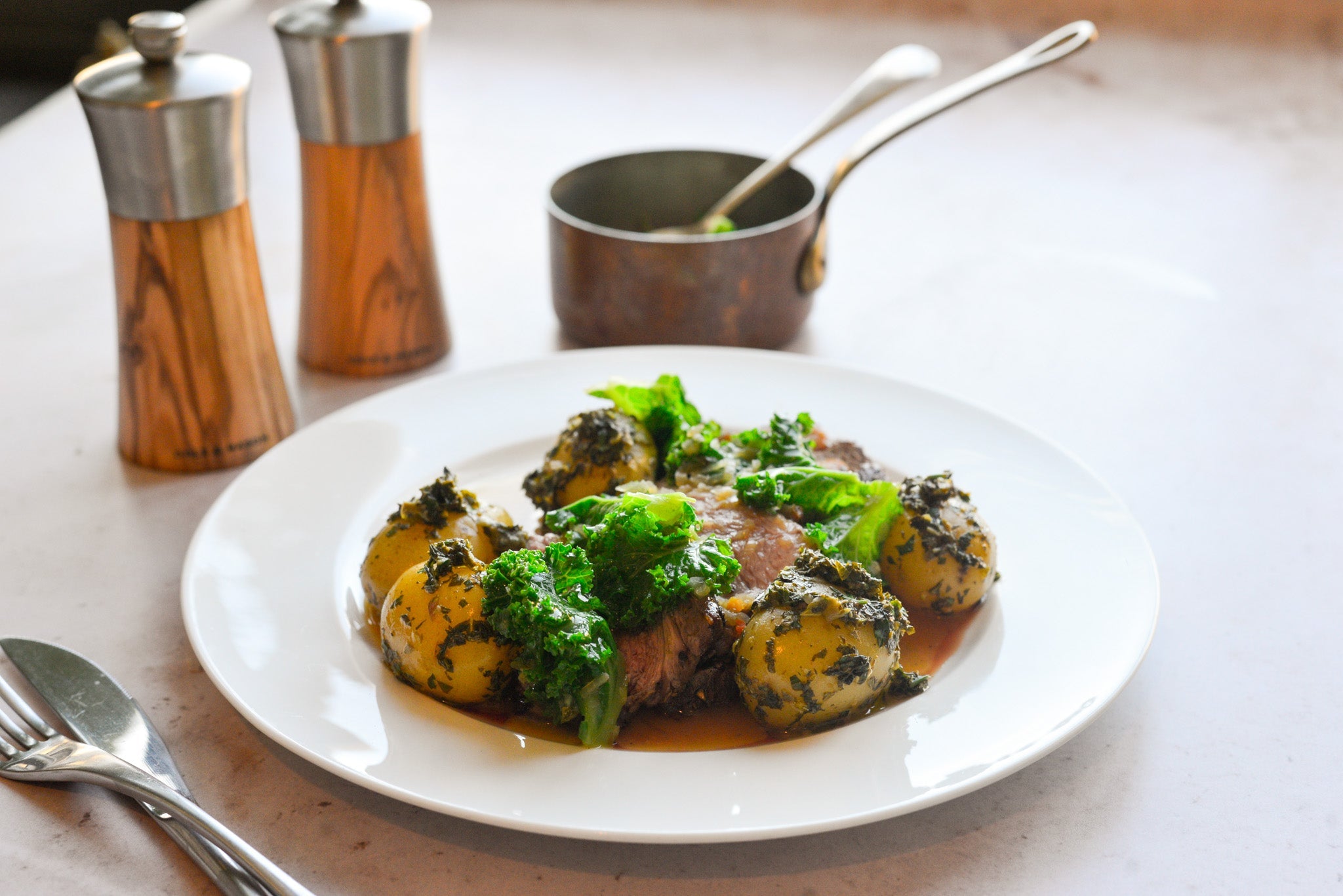 Lamb Rump with Minted Potatoes and Kale