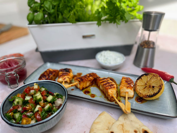 Harissa and Honey Halloumi Skewers