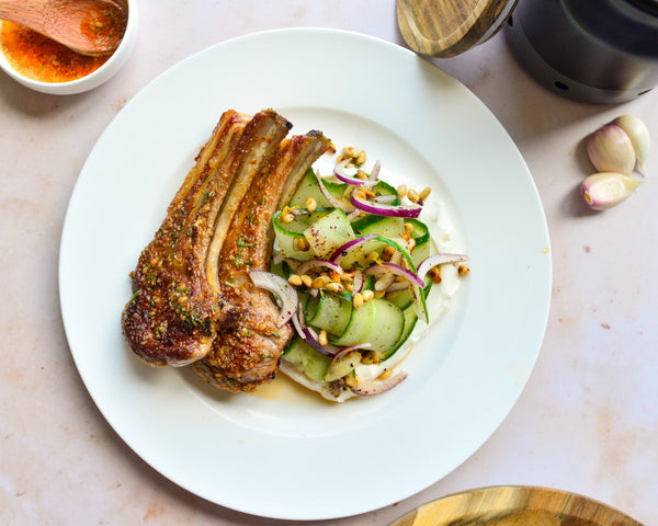 Garlic Lamb Chops with Cucumber and Labneh