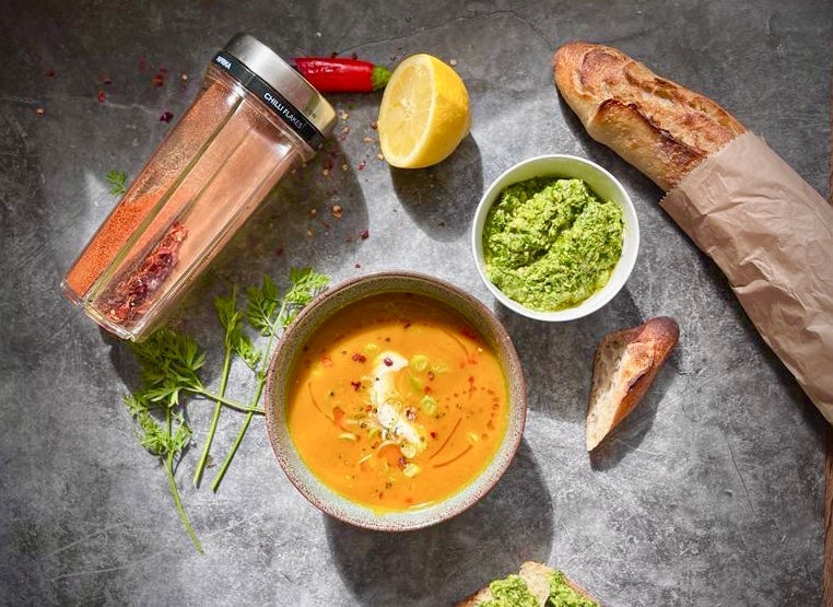 Carrot, Cumin and Turmeric Soup with Carrot Top Pesto