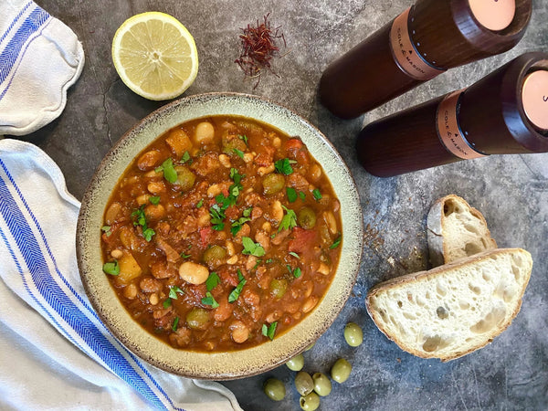Vegan Spanish Style Three Bean Stew with Olives and Peppers with Crusty Bread