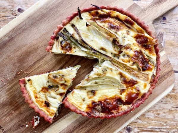 Roast spring onion and fennel quiche with a beetroot pastry