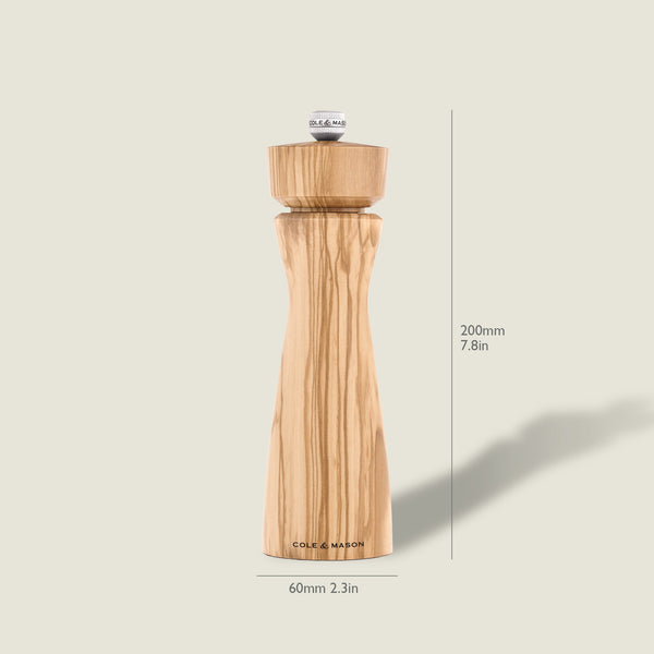 #salt The Cole & Mason Portobello Olive Wood Salt & Pepper Mill features a natural grain finish, stands 200mm tall by 60mm wide, has adjustable grind, and is engraved at the base—perfect for any olive wood collection.