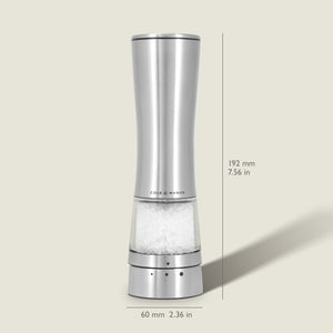 Sleek, tall Cole & Mason Electric Derwent Salt Mill in silver, featuring a transparent lower section that displays the salt crystals; measures 7.56 in (192 mm) in height and 2.36 in (60 mm) in width with the Cole & Mason logo on the grinder.