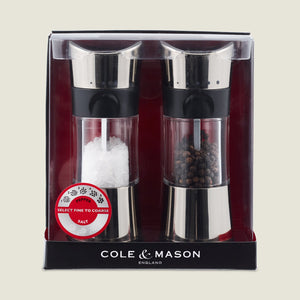 #salt&pepperset
The Cole & Mason Horsham Salt & Pepper Mills boxed set features stainless steel tops, high-performance adjustable grinders, and comes pre-filled with coarse salt and peppercorns in clear packaging with a red and black background.