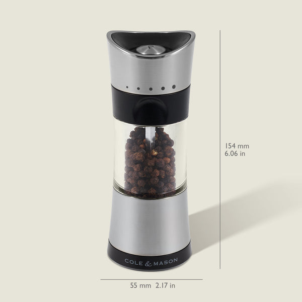 #salt&pepperset
The Cole & Mason Horsham Salt & Pepper Mills feature stainless steel and glass construction, adjustable grinding settings, and come filled with black peppercorns. Size: 154 mm tall by 55 mm wide—a premium addition to your kitchen.