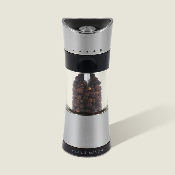 #pepper
A Cole & Mason Horsham Salt & Pepper Mill, crafted from stainless steel and glass, stands upright on a light background. This high-performance grinder features adjustable settings for fresh peppercorns. Part of the Salt & Pepper Mills collection.