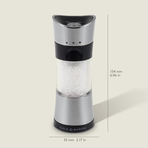 #salt&pepperset
The Cole & Mason Horsham Salt & Pepper Mill, made of stainless steel and clear acrylic, comes filled with coarse salt. It features an efficient adjustable grinder and measures 154 mm tall by 55 mm wide.