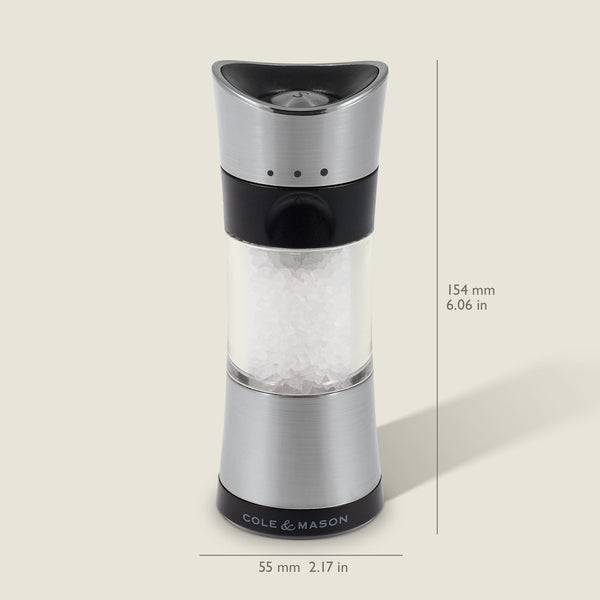 #salt&pepperset
The Cole & Mason Horsham Salt & Pepper Mill, made of stainless steel and clear acrylic, comes filled with coarse salt. It features an efficient adjustable grinder and measures 154 mm tall by 55 mm wide.