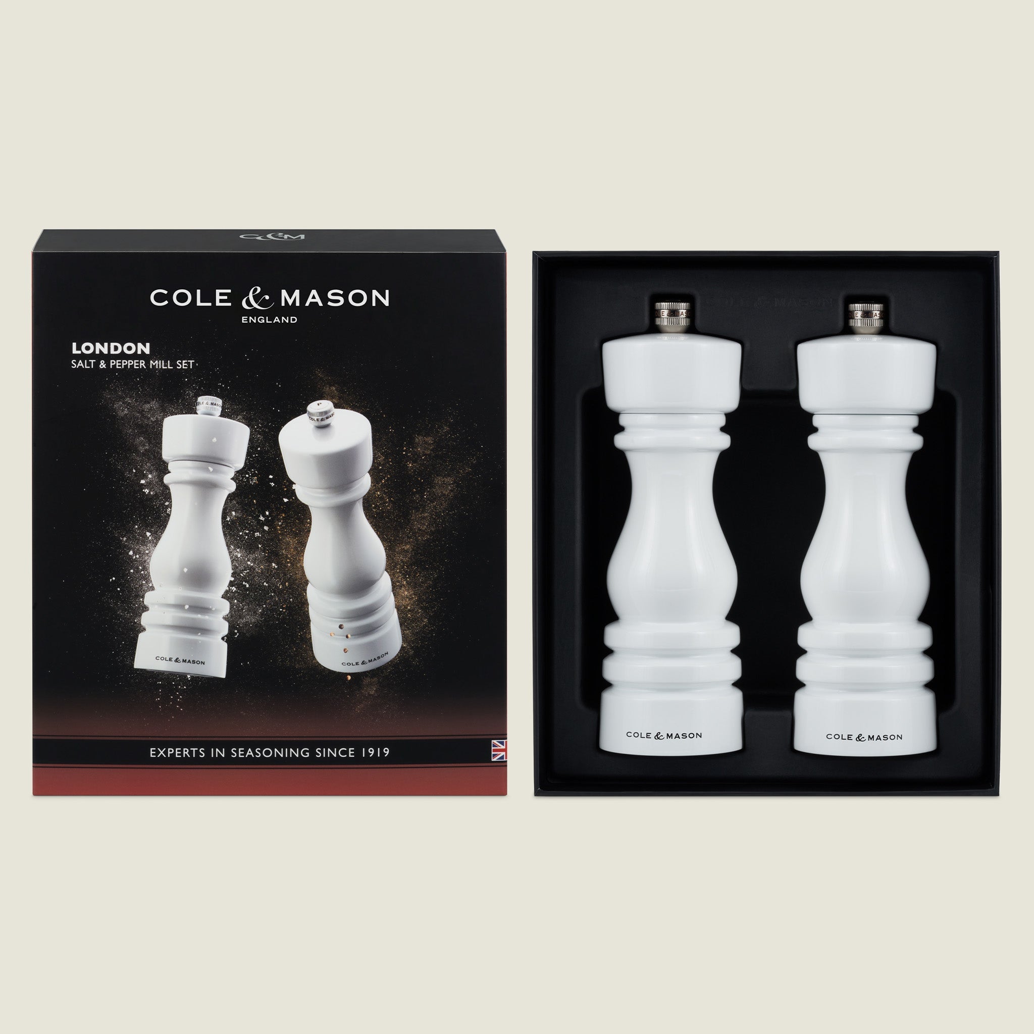 Cole & Mason London White Gloss Salt & Pepper Mills - Adjustable